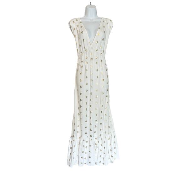 Boden Maxi Dress Size 16/18 White Gold Foil Leaves Ruffle Hem Deep V-Neck NWT - Picture 2 of 11